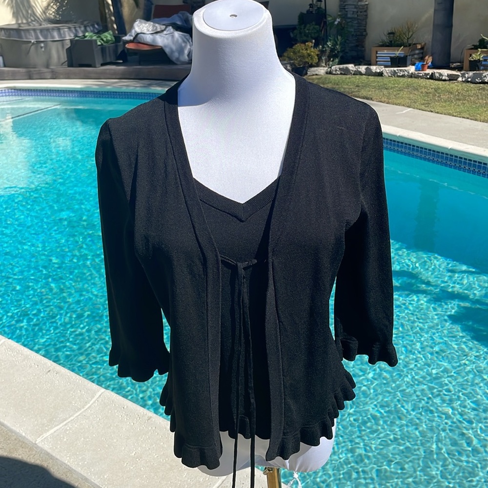 Spencer Perry | 3/4 Sleeve Black Top with faux Wrap tie front | Size Small